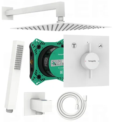 A collection of white and green shower components arranged on a white background.