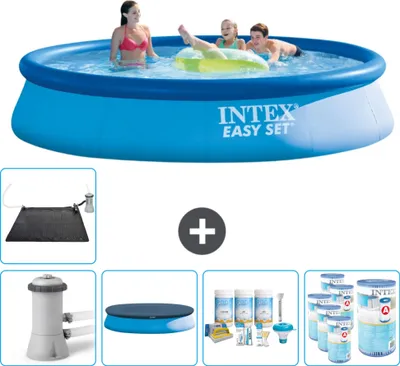 Produktbild von Intex runder aufblasbarer Easy Set-Schwimmpool – 396 x 84 cm – Blau – inklusive Pumpe Abdeckung - Wartungspaket - Filter - Solarmatte