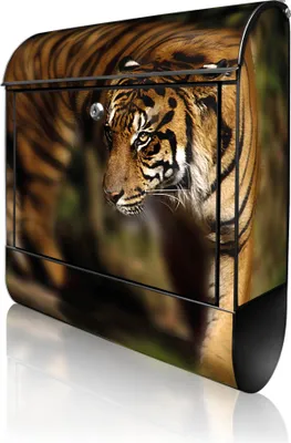 Produktbild von banjado Design Briefkasten Stahl schwarz mit Zeitungsfach pulverbeschichtet "Tiger" 38x46x12,5cm & 2 Schlüssel - Postkasten A4 Einwurf inkl. Montagematerial [BK 10502]