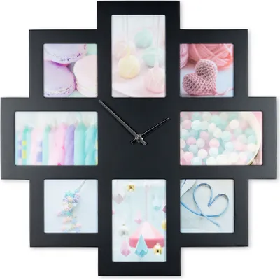 Produktbild von Wanduhr Schwarz 48x48cm Holz Bilderrahmen 8 Fotos Fotorahmen Collage Fotouhr