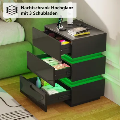 Produktbild von Nachttische mit LED,Hochglanz Nachttisch mit 3 Schubladen,Nachtschrank Schmal Holz Beistelltisch Organizer Einheit Kommode für Schlafzimmer 45x35x61cm