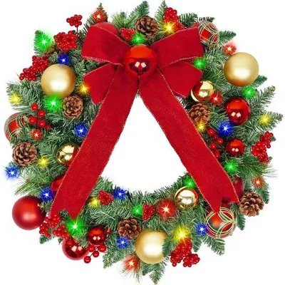 Produktbild von Farbige LED-Weihnachtskranz – 60 farbige LEDs – Automatischer Timer (6/18) – Große rote Schnur – Dekoriert mit Echten Beeren, Echten Zitronen und Weihnachtsscheiben – 50 cm – Innen/außen – Batteriebetrieb