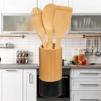 Imagen del producto de Juego de organizadores para utensilios de cocina - 4 piezas - Organizador redondo - Juego de espátulas + soporte - Madera de bambú y borde