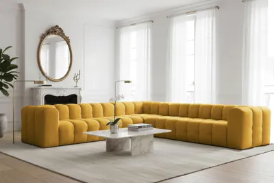 Produktbild von Ecksofa Designersofa SOLVIE XL in Stoff Tiffani Honiggelb Seite Universal