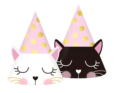 Produktbild von 6 Partyhüte aus Pappe mit Katzenmotiv für Kindergeburtstage, 25 cm Breite