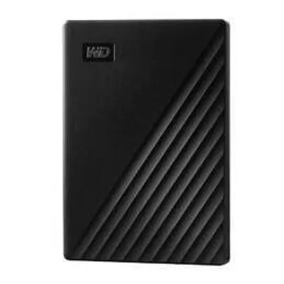 A black external hard drive is shown against a white background.