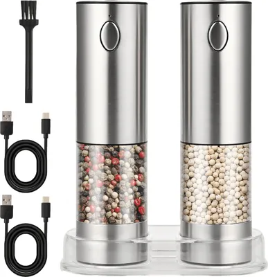 Produktbild von Elektrische Salz- und Pfeffermühle Set, Gewürzmühle, Edelstahl Salzmühle mit LED Licht, USB Aufladbar, Einstellbare Grobheit, 2 Stück, Silber