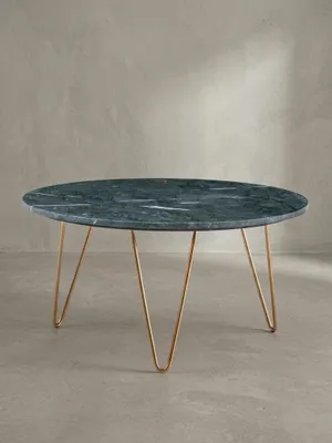 Produktbild von Couchtisch Echter Marmor Grün 70x70x35 cm Sofatisch Metall Gold, Design Dreibein Wohnzimmertisch Rund Modern, Marmortisch Loungetisch Groß, Kaffeetisch Haarnadelbeine