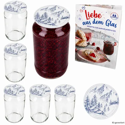 Produktbild von 6er Set Sturzglas 1062ml Alpendekor Deckel Rezept-Heft