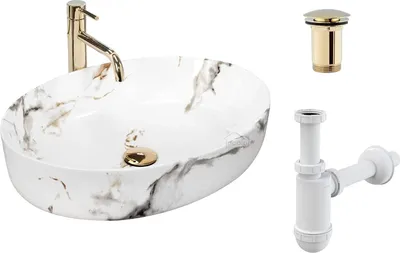 Produktbild von ECOLAM Aufsatzwaschbecken 55 x 41 x 14 cm Handwaschtisch Waschbecken Waschschale Queen Shiny Steinmuster Marmor-Effekt oval + Click-Clack Gold glänzend + Siphon
