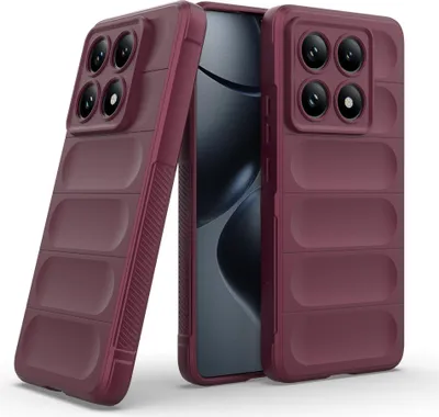 Two burgundy phone cases are shown, one in the foreground and one slightly behind it, with a phone visible between them.