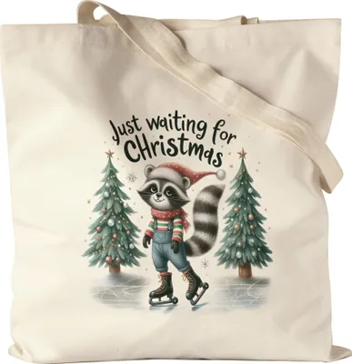 Produktbild von Just Waiting for Christmas Lustiges Waschbärmotiv Jutebeutel Geschenkidee witziges Design Weihnachten