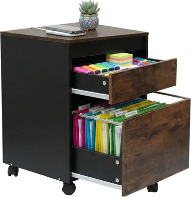 Immagine prodotto di Contenitore a rotelle - 2 cassetti - Portadocument da appendere - Dimensioni: 57 x 40 x 40 cm - Contenitore da scrivania - Ruote - Marrone - Nero