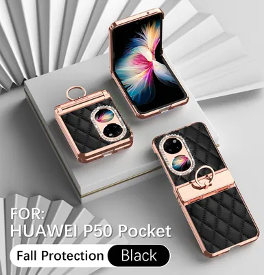 Produktbild von Leder Hülle für Huawei P50 Pocket mit Ringhalterung, Luxus Glitzer Bling Überzug Scharnierschutz Handyhülle Schwarz