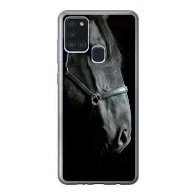 Produktbild von MuchoWow® Handyhülle Schutzhülle Hülle für Samsung Galaxy A21s Pferd - Schwarz - Halfter Silikon Softcase Handy Hülle - Hartschale