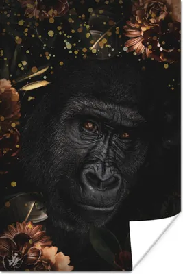 Produktbild von MuchoWow® Poster Gorilla - Blumen - Gold 60x90 cm - Wanddekoration
