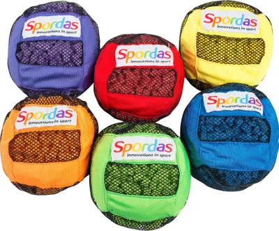 A set of six colorful sensory balls arranged in a circular pattern against a white background.