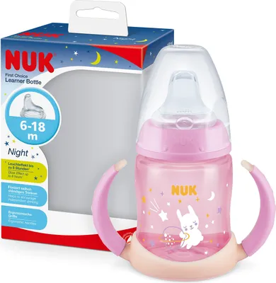 Produktbild von NUK First Choice Trinklernflasche mit Leuchteffekt, 6-18 Monate, 150 ml, Anti-Colic-Ventil, auslaufsicherer Trinkschnabel, Ergonomische Griffe, -frei, Hase (pink), 1 Stück (1er Pack), 10215373