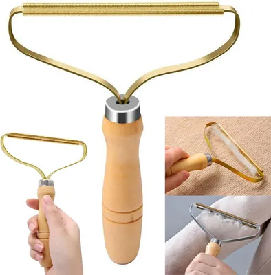 A collage of images showing a lint remover tool being used on clothing and held by a hand.