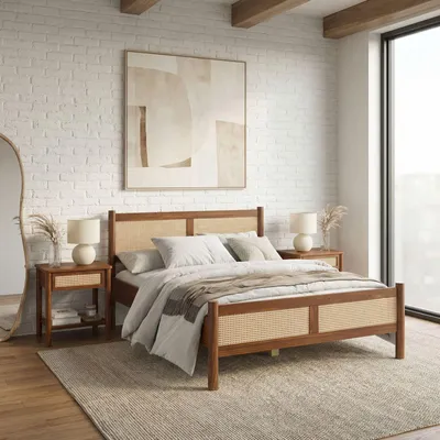 Produktbild von Massivholzbett CEFIRA 140x200 cm mit Rattangeflecht, Kastanie Finish - Doppelbett aus massivem Kiefernholz, stabiles Holzbett im Boho-Stil