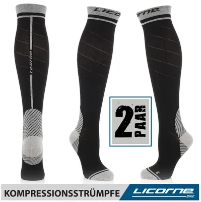 Produktbild von Licorne Kompressions-Thrombose-Stütz-Strümpfe Damen und Herren Compression Socks für Sport Flug Laufen Reisen, Farbe:Schwarz-Grau (2 Paar), Größe:43-46