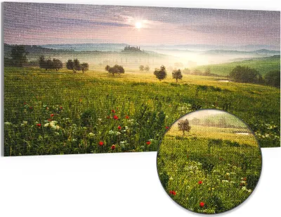 Produktbild von DEQORI Hybrid Leinwand Bild 100x50 cm 'Idyllisches Morgenlicht' Wandbild Glas flach modern