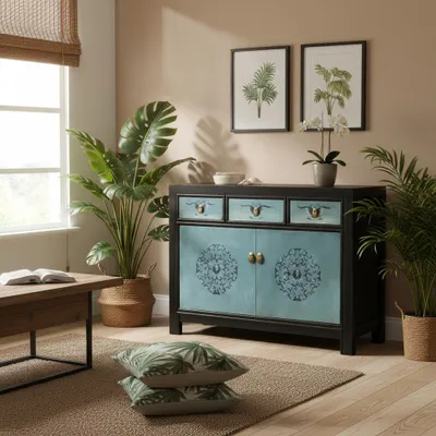 Produktbild von OPIUM OUTLET Sideboard Kommode Schrank chinesisch Möbel Schränkchen Anrichte Vintage türkis-schwarz Shabby Chic Stil asiatisch orientalisch Holz