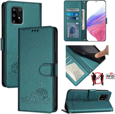Collage of images showing a green leather flip case wallet for a Samsung Galaxy S10 Lite with a cat design, featuring card slots, a stand function, and RFID protection.