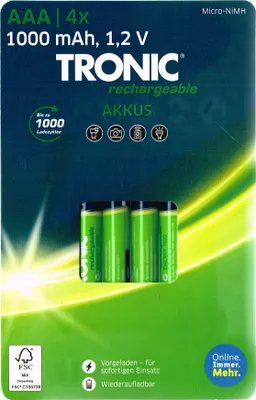 Produktbild von Tronic Akku Ni-MH 4 Stück - schnellladefähig & bis zu 1000x Wiederaufladbar AAA