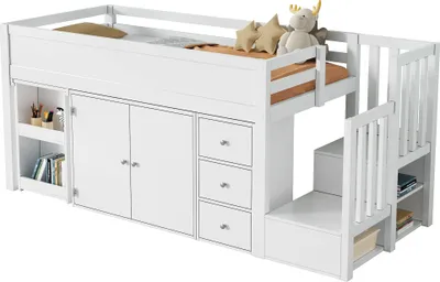 Produktbild von Hochbett 90x200cm Ohne Matratze Weiss Multifunktionales Kinderbett Mit Schreibtisch Seitlichem Ablagefach Schrank Schublade Treppenschrank