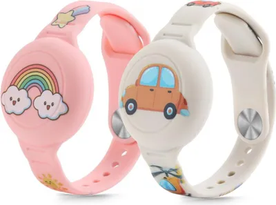 Two children's watch bands for AirTags, one pink with a rainbow and clouds, the other cream with a car.