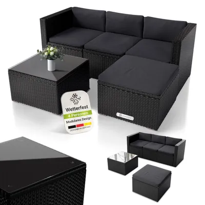 Produktbild von Juskys Polyrattan Lounge Punta Cana M schwarz – Gartenlounge Set 3-4 Personen – Sitzgruppe mit Sofa, Tisch & Hocker - Sitzbezüge Dunkelgrau