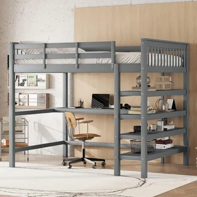 Image de Lit mezzanine pour enfant 140 x 200 cm avec bureau et casiers de rangement – Lit mezzanine gris, en pin, avec bureau sous le lit et échelle, 207 x 149 x 169,5 cm, pour chambre d'enfant