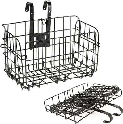 Produktbild von Universal Fahrradkorb faltbar für vorne & hinten | Belastbarkeit: 25 kg | abnehmbarer Hinterradkorb [schwarz] | Citybike Taschenträger Träger mit 2 Haken [Befestigung am Lenker oder am Gepäckträger]
