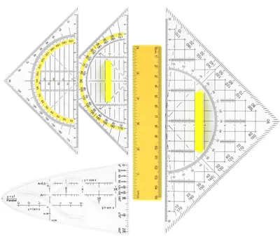 Produktbild von Geometrie-Set, 5-teilig, mit Griff – Geodreiecke und Schablonen für Schule und Büro