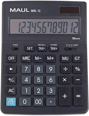 Zdjęcie produktu dla Kalkulator biurkowy MAUL MXL 12 1-liniowy wyświetlacz LCD, 12 cyfr Bateria słoneczna 20,5 x 15,5 x 3,5 cm czarny