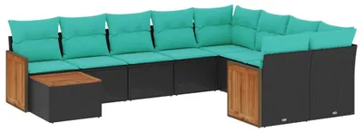 Image de vidaXL Ensemble de 10 canapés de jardin avec coussins, polyrattan noir