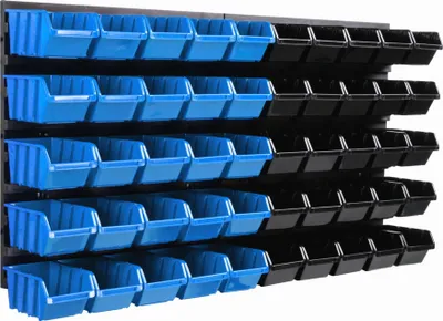 Produktbild von Lagersystem Wandregal 770 x 390 mm | 50 stck. Box | Stapelboxen Schüttenregal Sichtlagerkästen | Extra Starke Wandplatten | Regal Erweiterbar | Werkstattregal Lagerregal Werkstattwandregal Steckregal