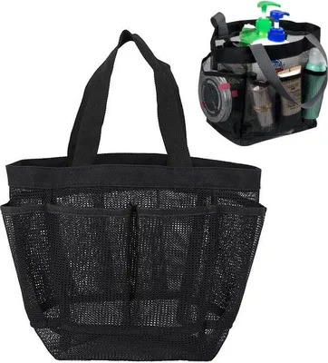 Produktbild von Tragbarer Duschkorb aus Netzstoff, Duschtasche mit 8 Taschen und Tragegriff, Mesh Strandtasche Waschtasche Organizer Hängetasche für Reisen Wohnheim, Schwarz