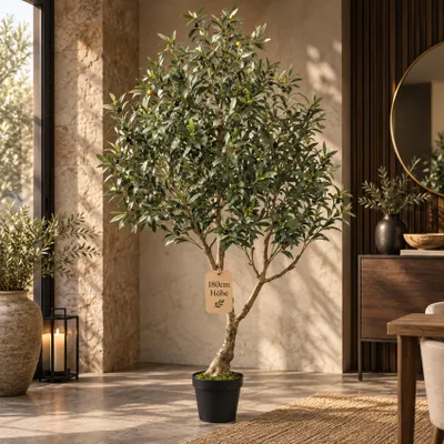 Produktbild von Olivenbaum 180 cm, 3-stämmige Künstlicher Olivenbaum mit Früchten & schwarzem Topf, Mediterraner Kunstbaum für Wohnzimmer, Büro, Flur und Deko, groß