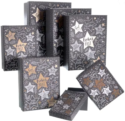 Produktbild von Geschenkboxen Geschenkkarton Weihnachten Geschenkverpackung "Stars" 7-er Set grau-weiß