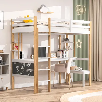 Produktbild von REMZETTA HOCHBETT 90x200 cm mit Schreibtisch, Regal, Leiter und Rausfallschutz, Weiß/Natur