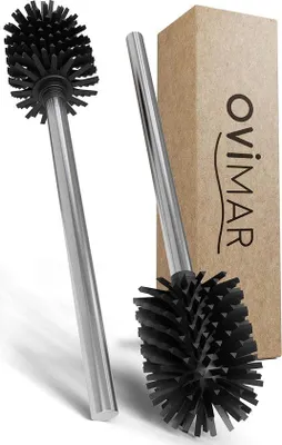 Produktbild von Unyqoos® Vesborg Ersatz-Toilettenbürsten-Set – 2 Stiele & 2 schwarze TPE‑Silikon-Bürstenköpfe, Edelstahlgriff silber, wechselbare WC-Bürste