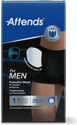 Zdjęcie produktu dla Attends for Men Shield wkładki formowane specjalnie dla mężczyzn, na bardzo łagodne osłabienie pęcherza, 25 wkładek