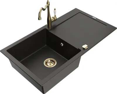 Produktbild von Mexen Leo 1 Becken-Granitspüle mit Abtropffläche und Mischbatterie Carla, Schwarz/Gold metallisch - 6501-75-670700-50
