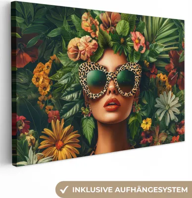 Produktbild von Wanddeko 120x80 cm - Frau - Pantherdruck - Dschungel - Natur - Luxus, Leinwand Bilder, Gemälde, Wanddeko