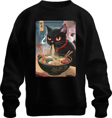 Produktbild von Schwarze Katze Ramen Nudelsuppe Japanisch Kawaii Anime Neko Chibi Uni Sweatshirt Pullover, Schwarz, XL