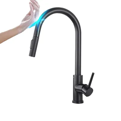 A hand is shown near a black kitchen faucet with a pull-down sprayer, with blue light effects indicating sensor activation.