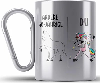 Produktbild von Trendation - 40. Geburtstag Frauen Edelstahl Tasse Karabiner Einhorn Geschenk Geschenkidee 40er Geburtstag Mutter Mama (Silber)