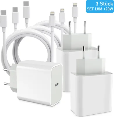 Produktbild von 3 Stück Ladegerät iPhone 20W Schnellladegerät +1,8m Ladekabel USB-C auf Lightning Ladeset für iPhone 14 Pro Max 14 Plus 13 12 11 XR SE iPad